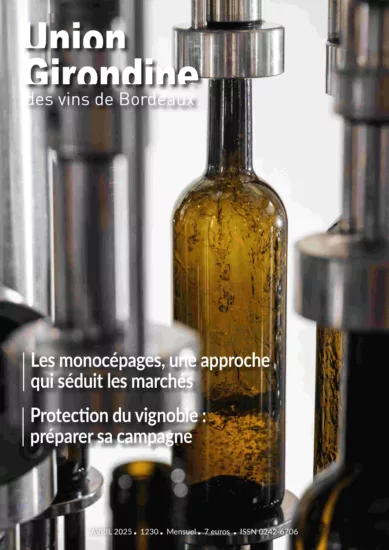 une du magazine union girondine des vins de Bordeaux, représentant la mise en bouteille de vin blanc