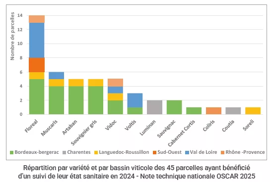 graphique de la répartition par variété et par bassin viticole des 45 parcelles ayant bénéficié d’un suivi de leur état sanitaire en 2024 - Note technique nationale OSCAR 2025