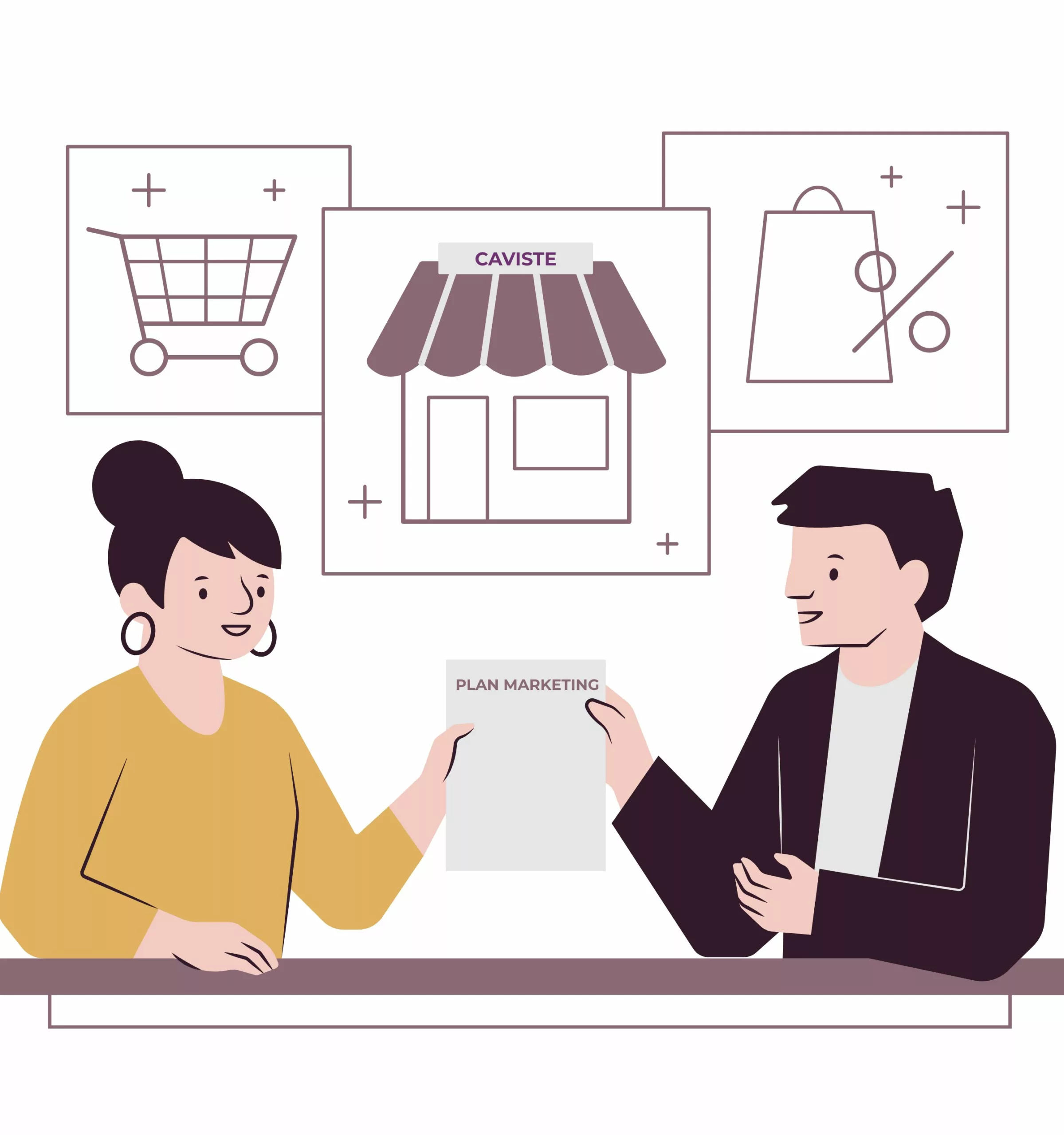 illustration représentant deux personnes qui créent leur plan marketing
