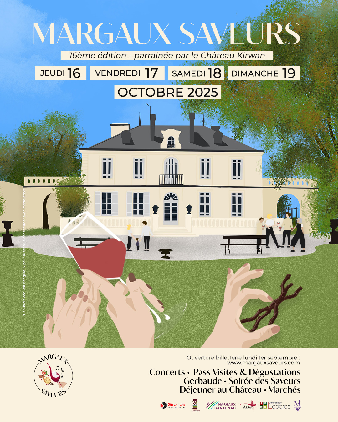 affiche de l'événement Margaux Saveurs représentant en dessin un verre de vin rouge, des sarments et un verre de vin rouge
