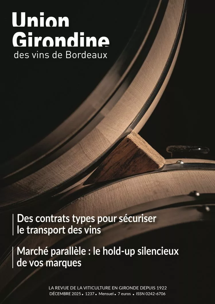 couverture du magazine union girondine des vins de bordeaux représentant une cale entre deux fûts