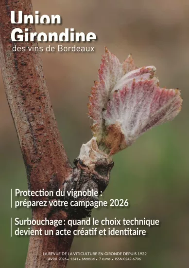 une du magazine union girondine des vins de bordeaux présentant un bourgeon de vigne printaniers