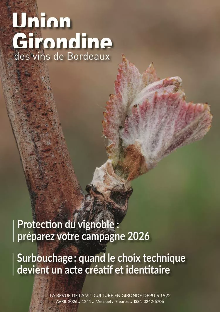une du magazine union girondine des vins de bordeaux présentant un bourgeon de vigne printaniers